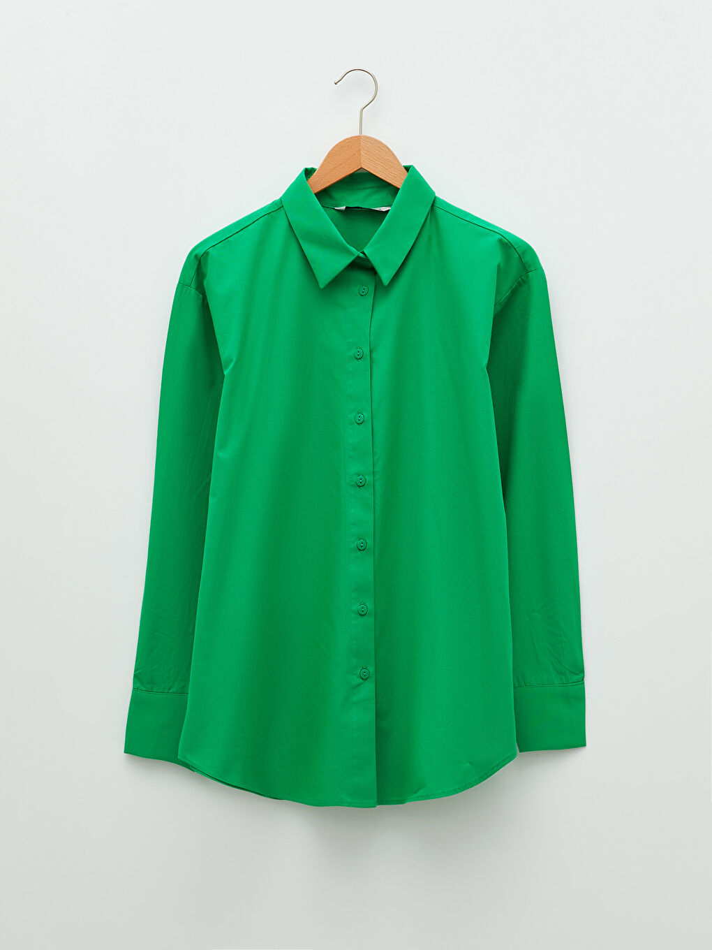 Yeşil Gömlek Yaka Düz Uzun Kollu Kadın Poplin Gömlek-5