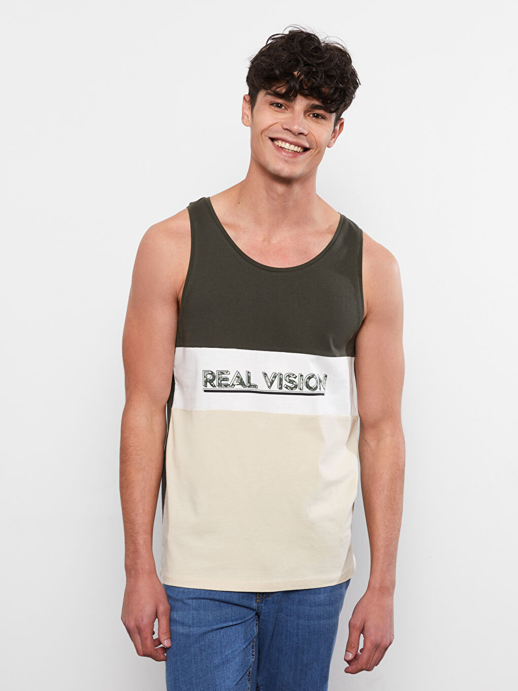 Bej Bisiklet Yaka Renk Bloklu Erkek Kolsuz Tişört