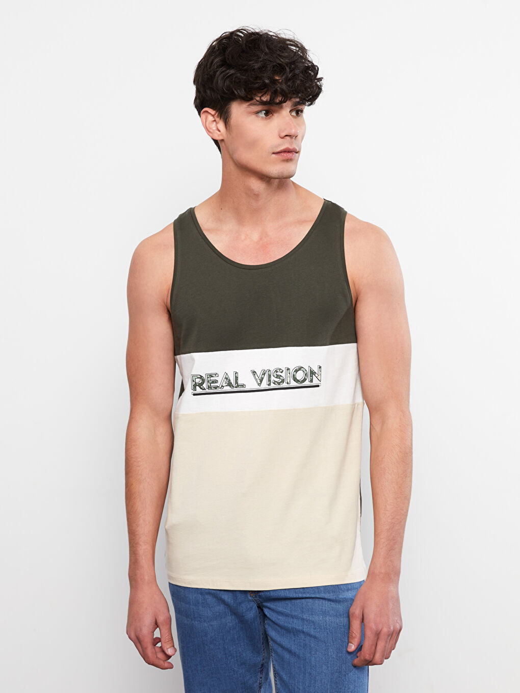 Bej Bisiklet Yaka Renk Bloklu Erkek Kolsuz Tişört-1