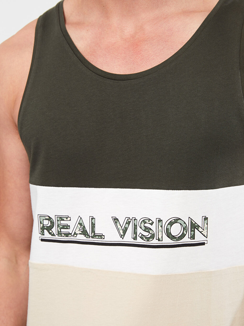 Bej Bisiklet Yaka Renk Bloklu Erkek Kolsuz Tişört-3