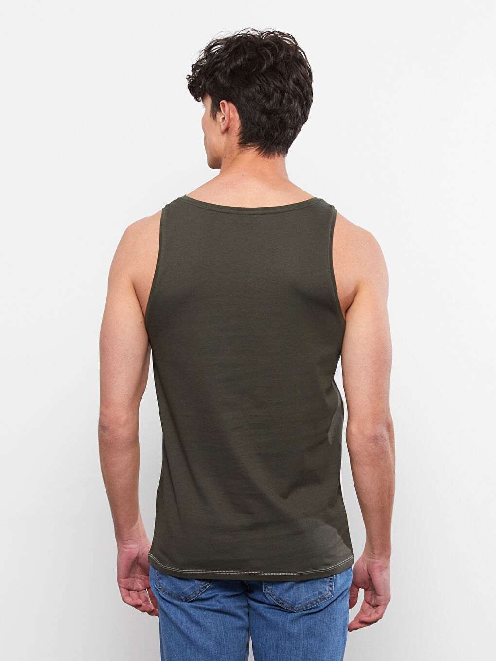 Bej Bisiklet Yaka Renk Bloklu Erkek Kolsuz Tişört-4