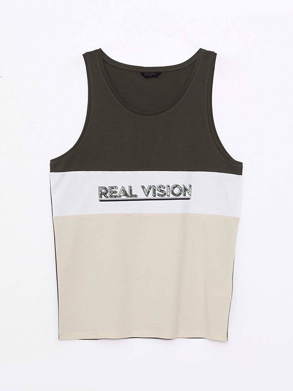 Bej Bisiklet Yaka Renk Bloklu Erkek Kolsuz Tişört-5