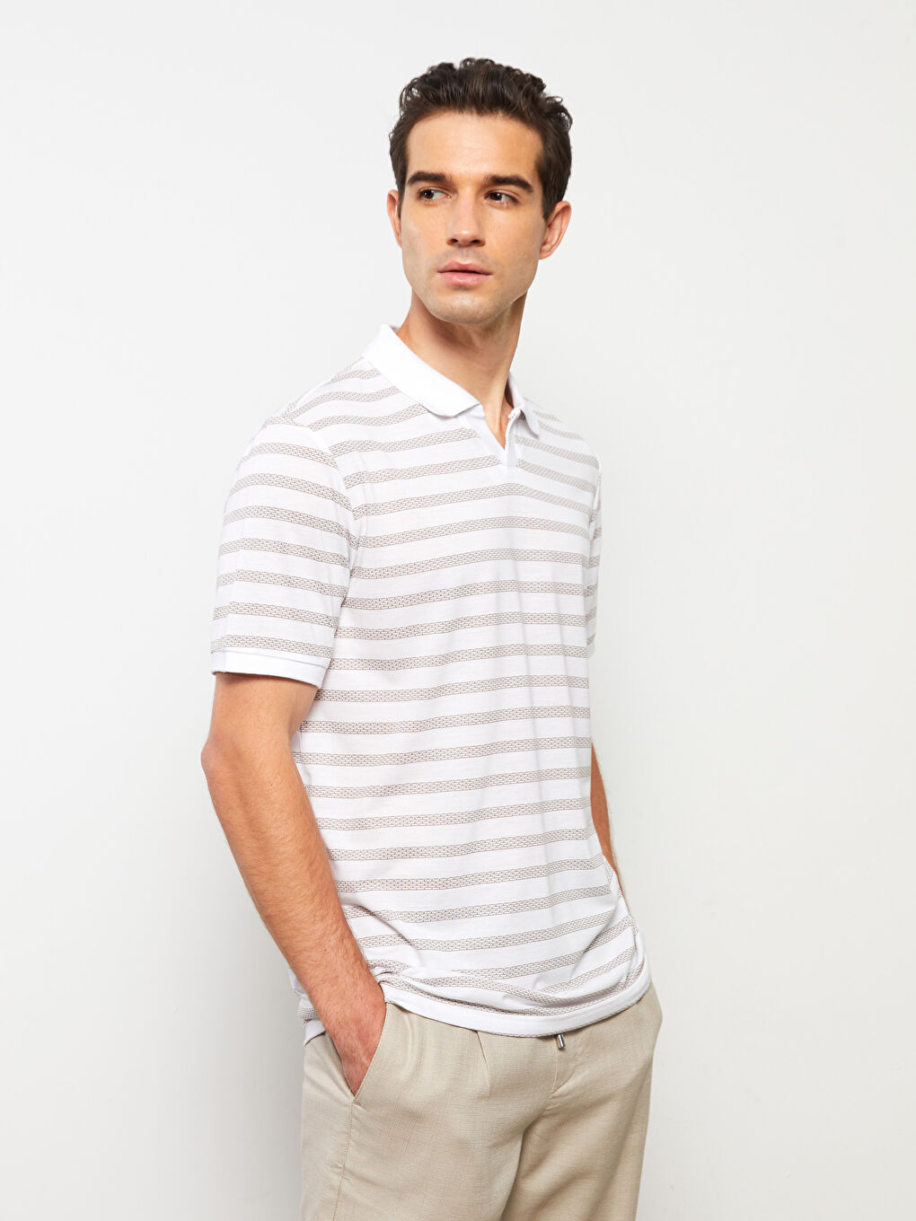Ekru Polo Yaka Kısa Kollu Çizgili Penye Erkek Tişört