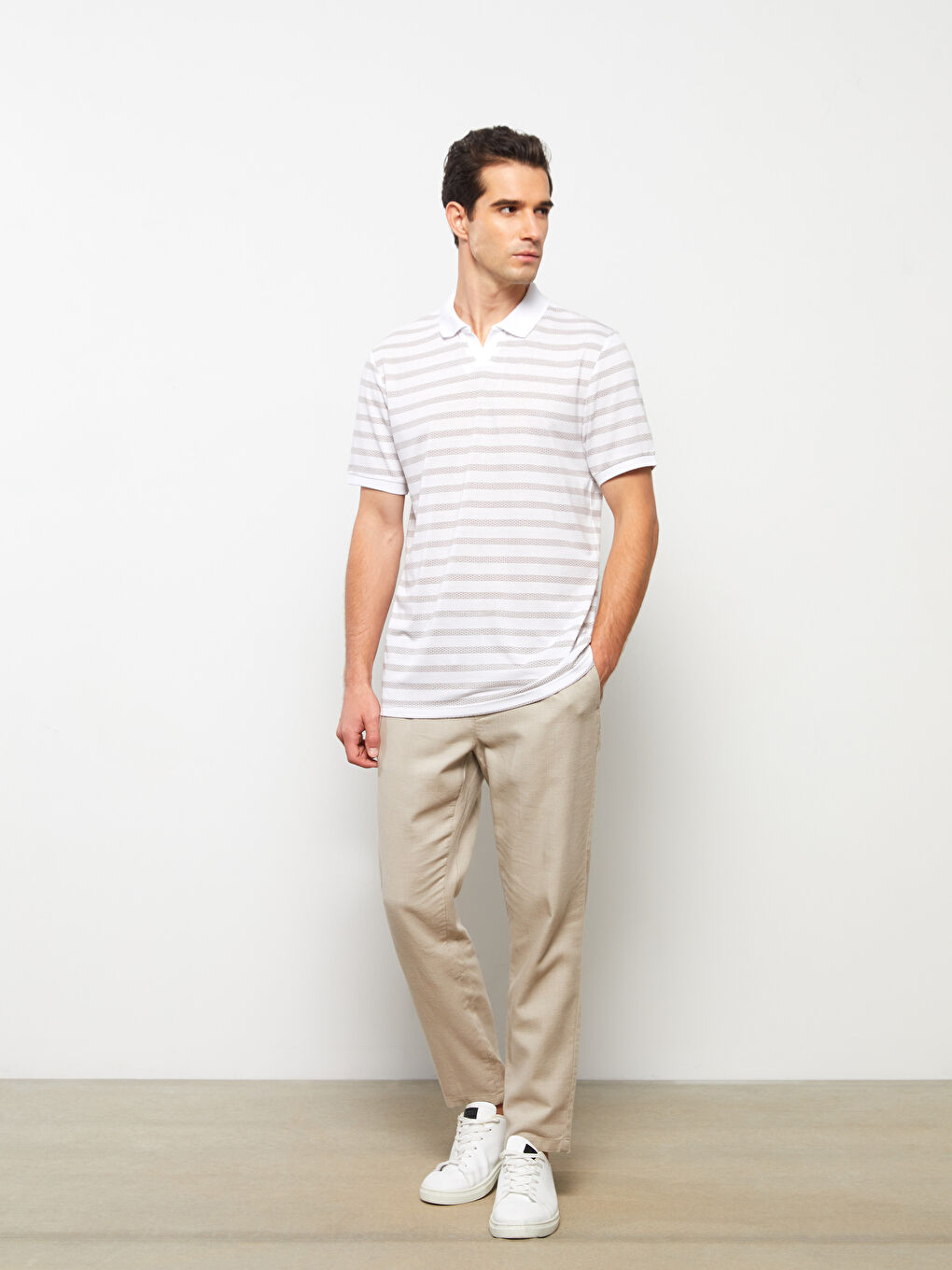 Ekru Polo Yaka Kısa Kollu Çizgili Penye Erkek Tişört-1