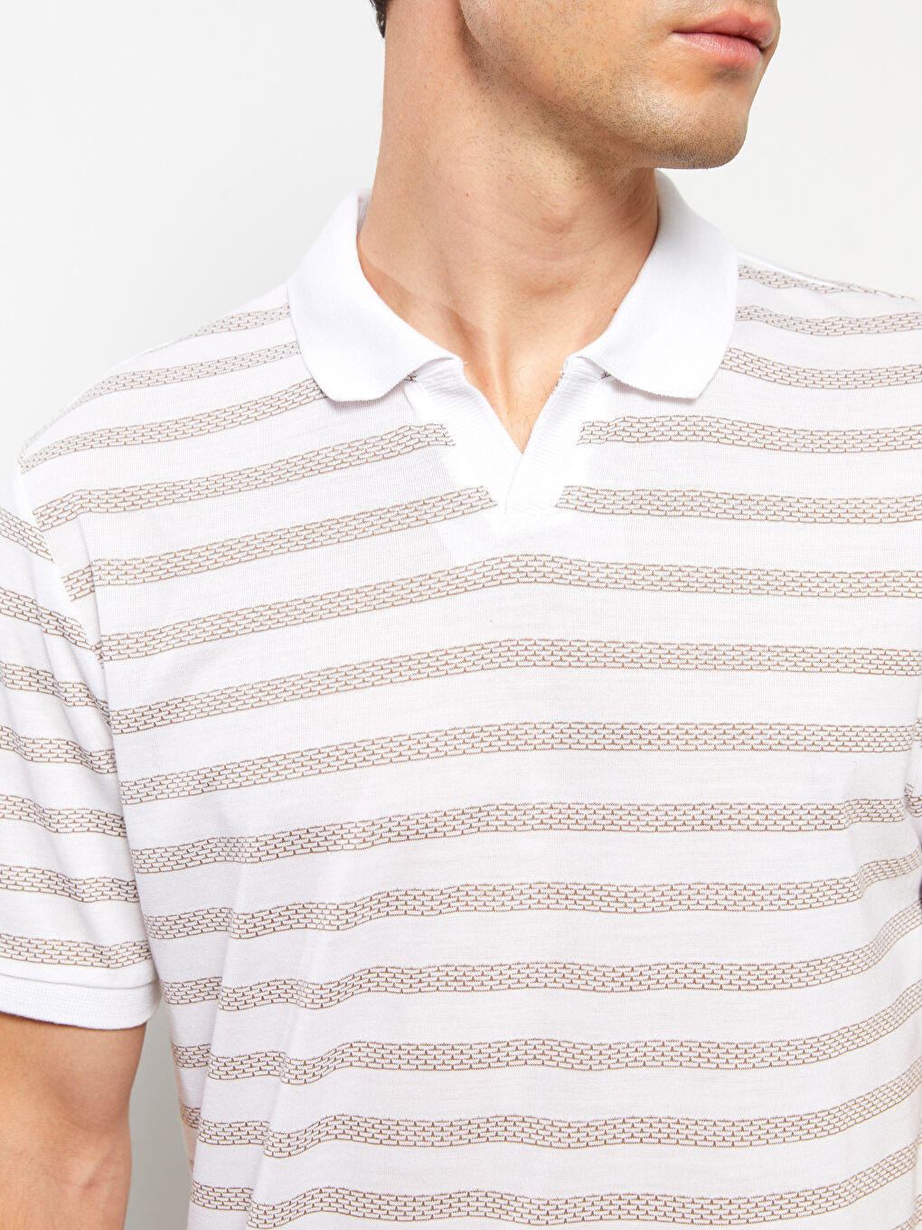 Ekru Polo Yaka Kısa Kollu Çizgili Penye Erkek Tişört-2