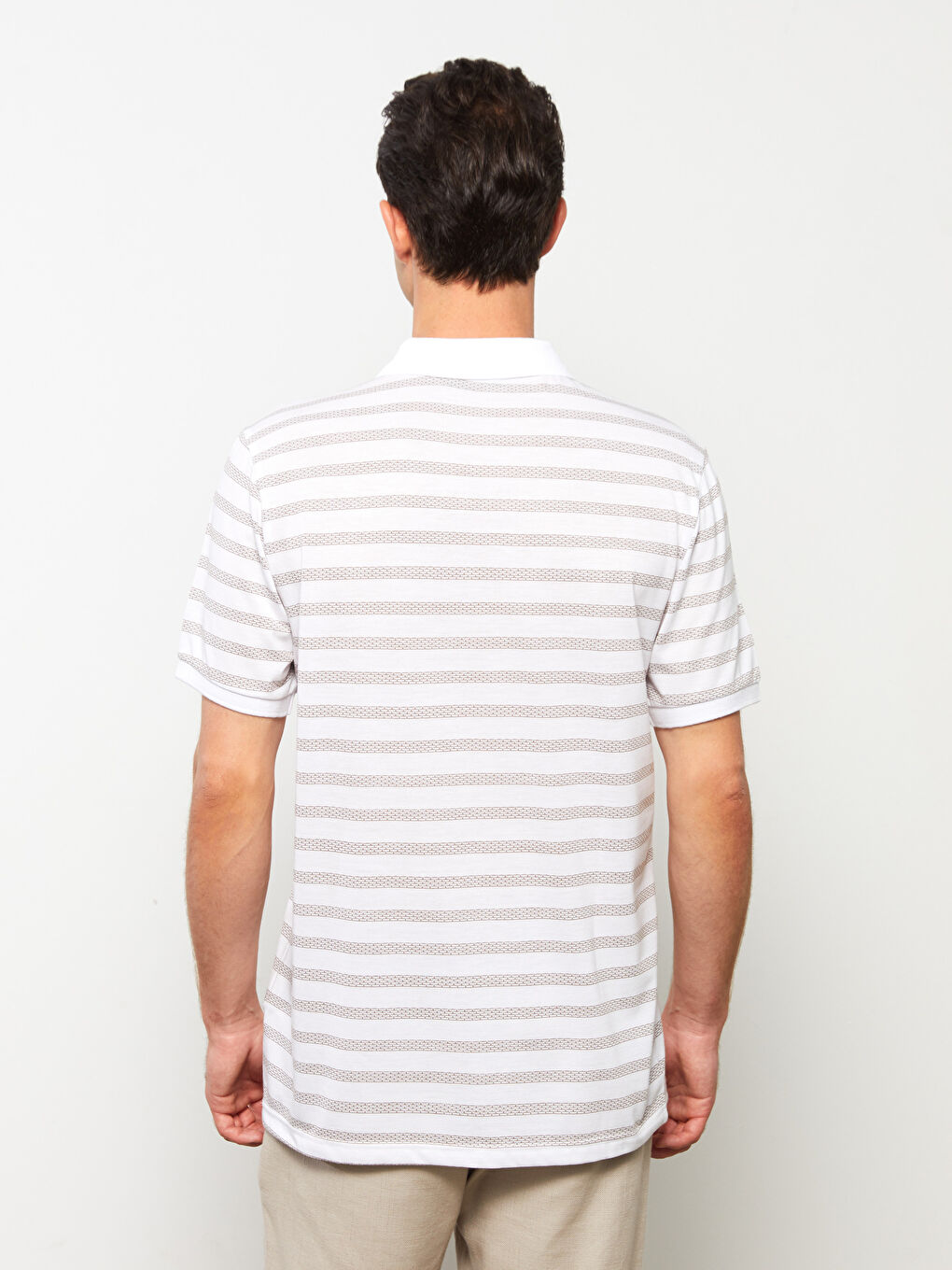 Ekru Polo Yaka Kısa Kollu Çizgili Penye Erkek Tişört-3