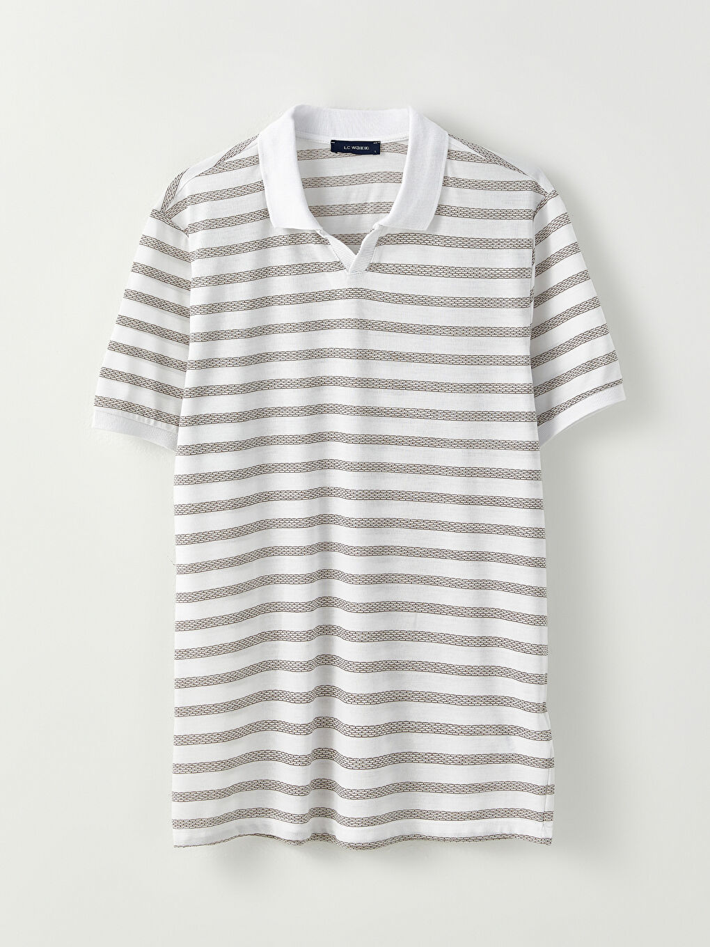 Ekru Polo Yaka Kısa Kollu Çizgili Penye Erkek Tişört-4