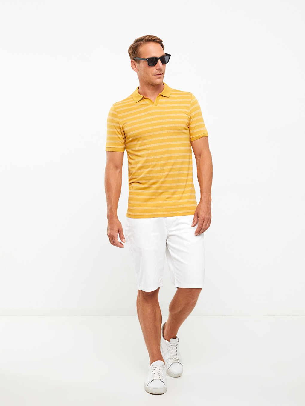 Sarı Polo Yaka Kısa Kollu Çizgili Penye Erkek Tişört