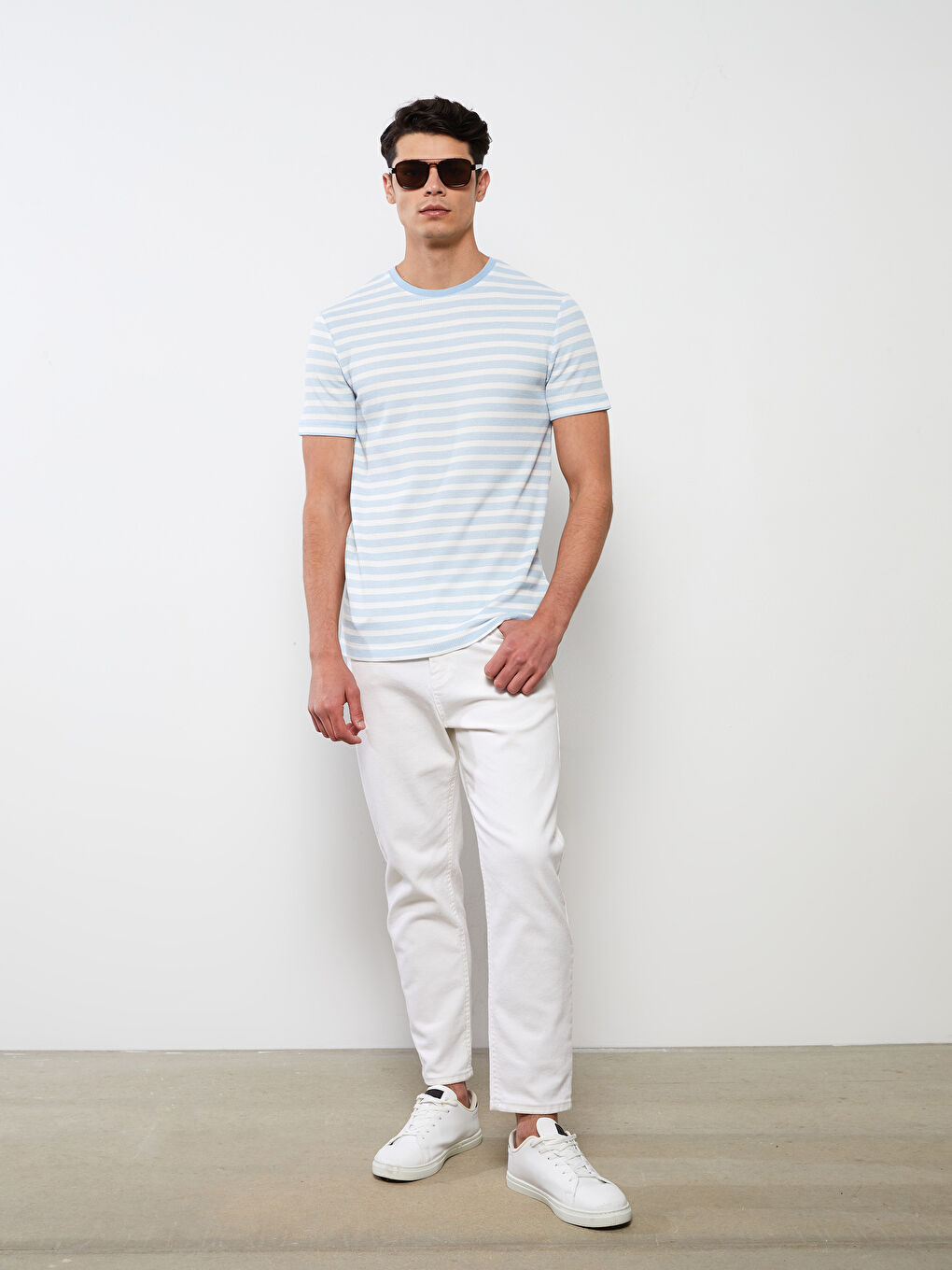 Mavi Bisiklet Yaka Kısa Kollu Çizgili Erkek Tişört