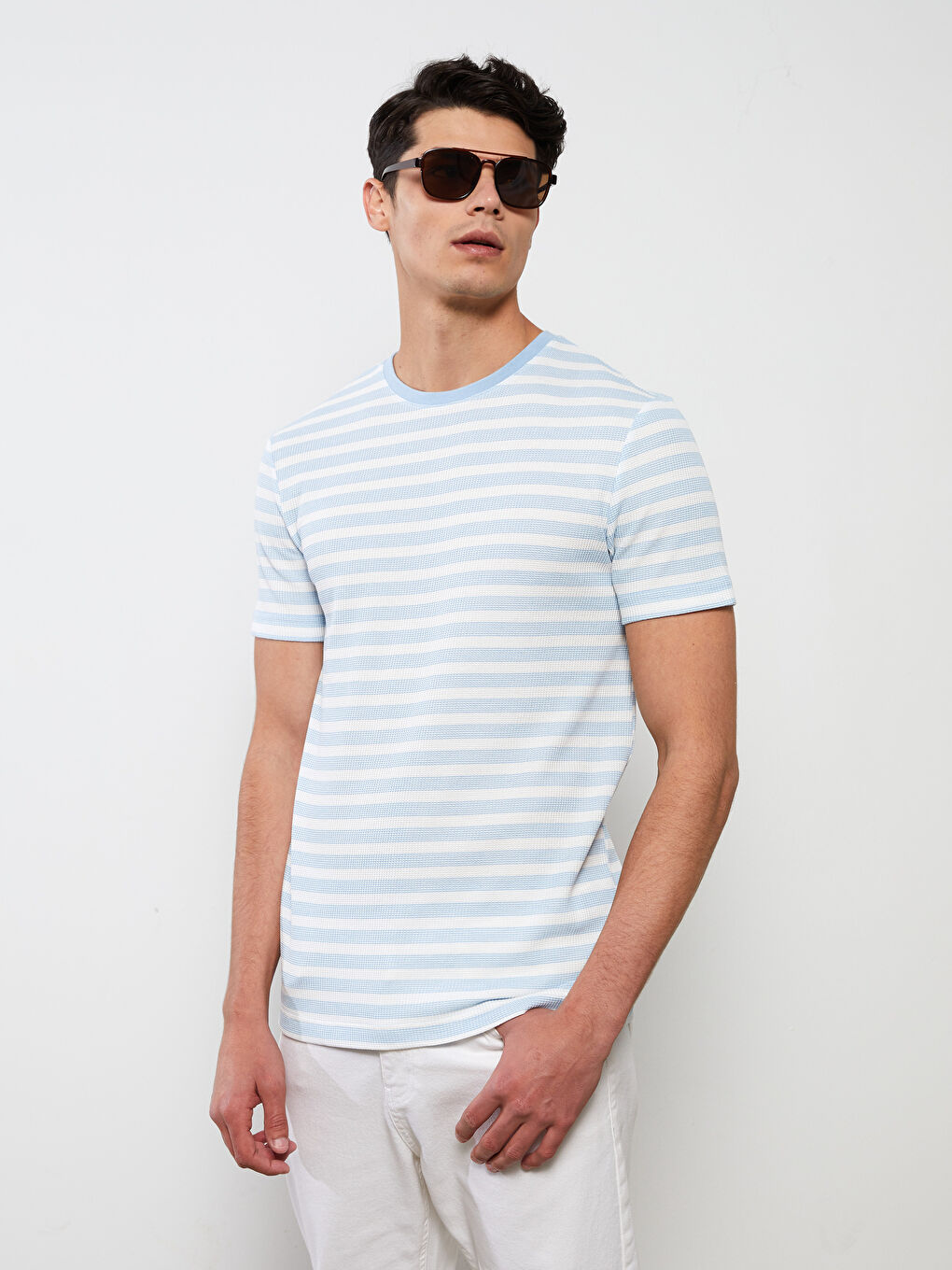 Mavi Bisiklet Yaka Kısa Kollu Çizgili Erkek Tişört-1