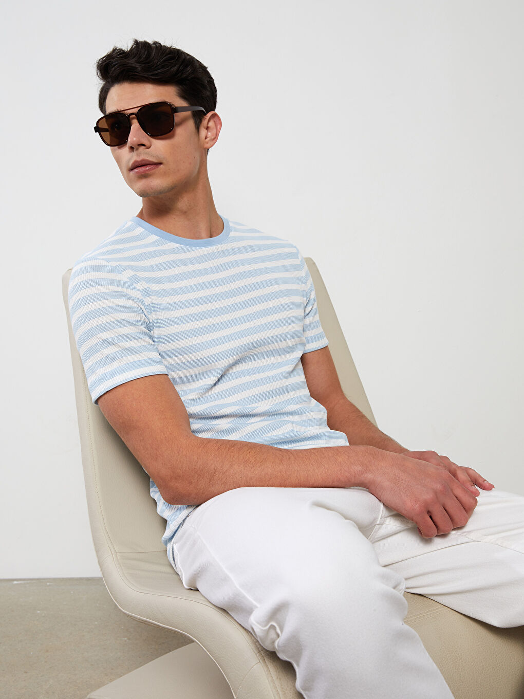 Mavi Bisiklet Yaka Kısa Kollu Çizgili Erkek Tişört-2