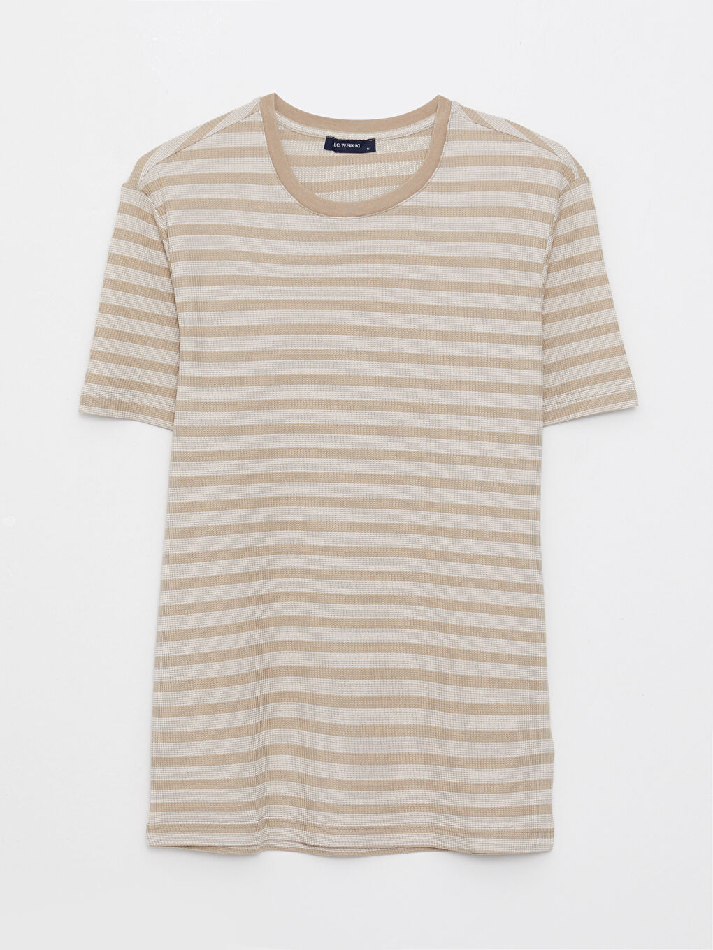 Bej Bisiklet Yaka Kısa Kollu Çizgili Erkek Tişört-5