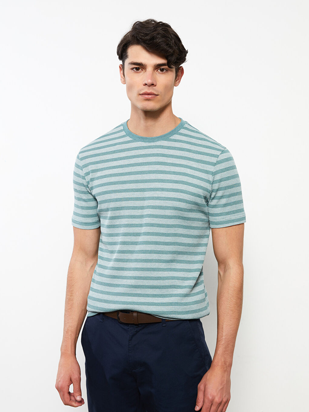 Yeşil Bisiklet Yaka Kısa Kollu Çizgili Erkek Tişört