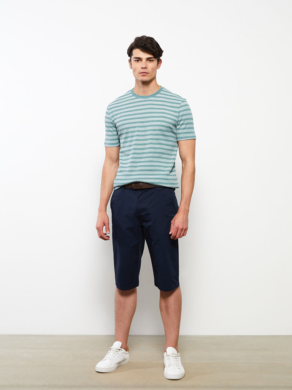 Yeşil Bisiklet Yaka Kısa Kollu Çizgili Erkek Tişört-1