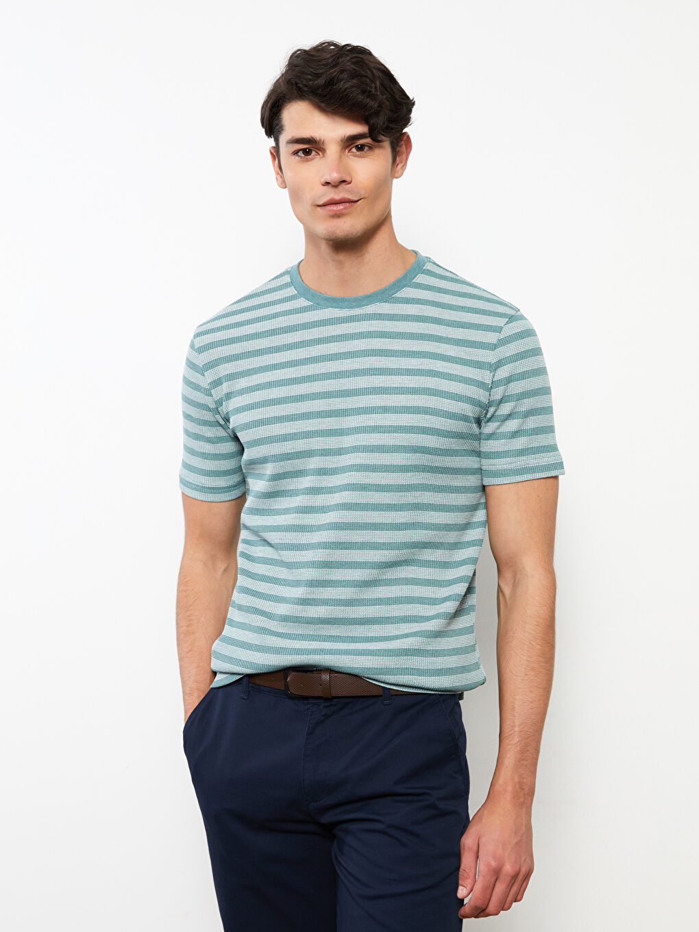 Yeşil Bisiklet Yaka Kısa Kollu Çizgili Erkek Tişört-2