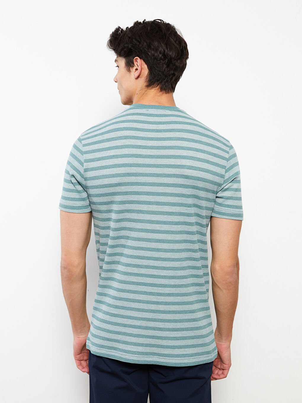Yeşil Bisiklet Yaka Kısa Kollu Çizgili Erkek Tişört-4