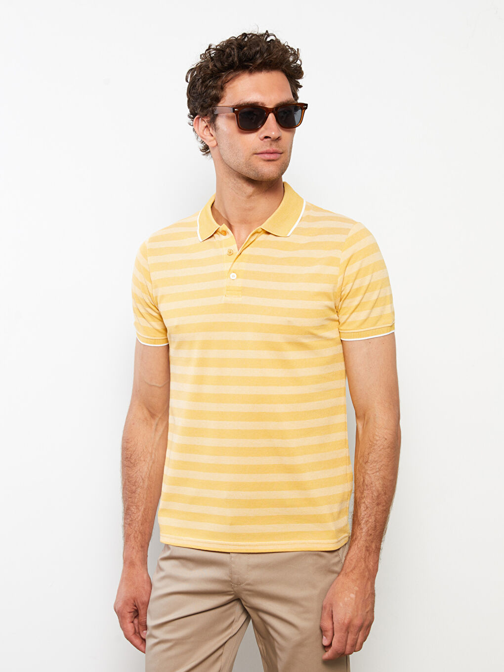 Sarı Polo Yaka Kısa Kollu Çizgili Erkek Tişört