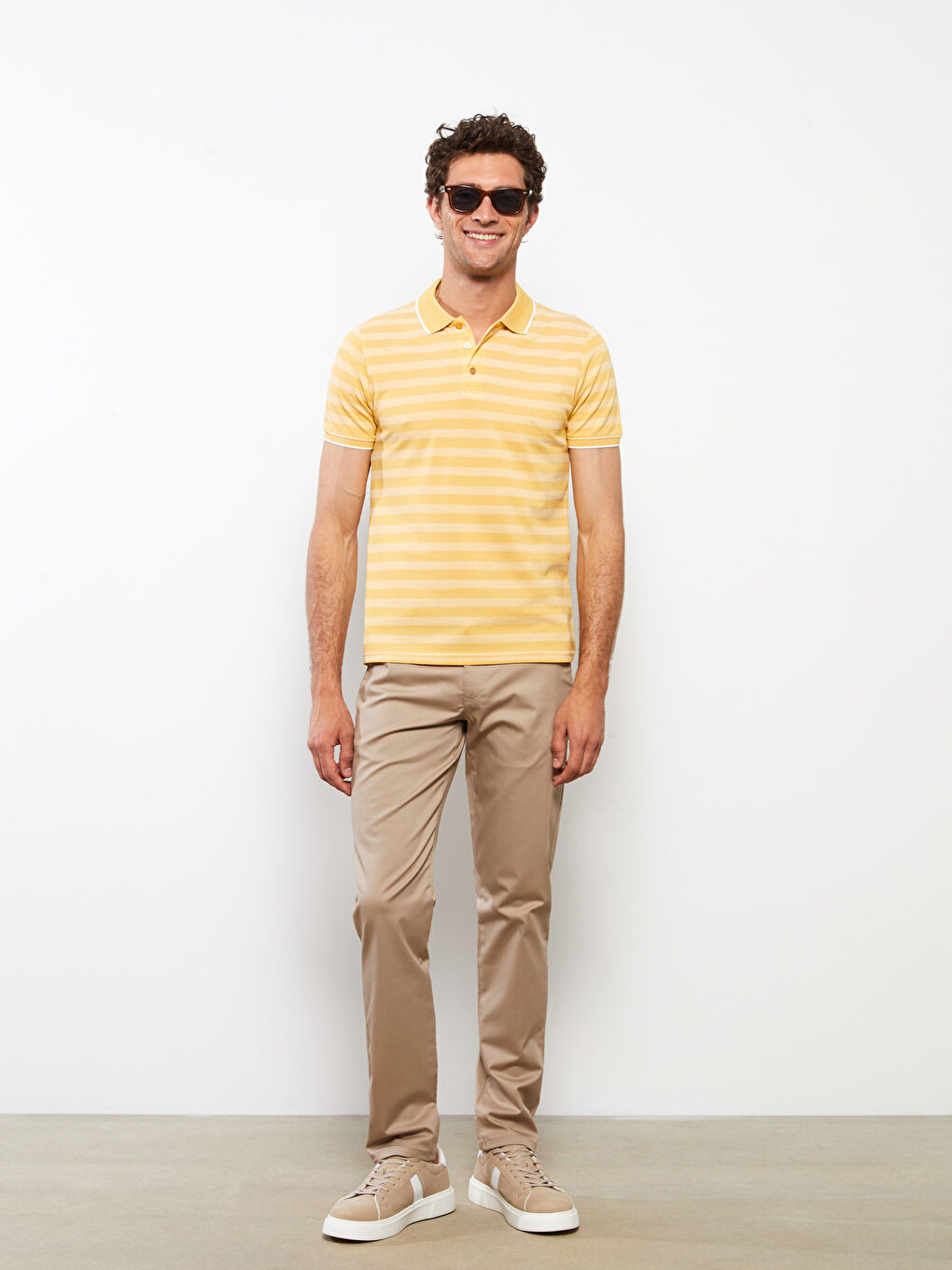 Sarı Polo Yaka Kısa Kollu Çizgili Erkek Tişört-2