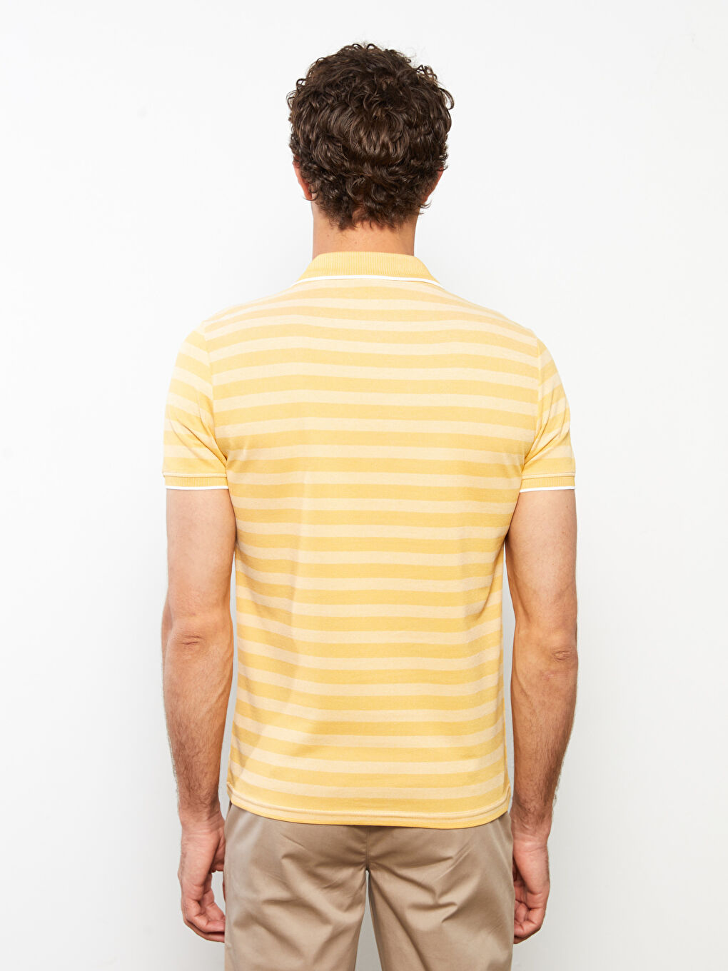 Sarı Polo Yaka Kısa Kollu Çizgili Erkek Tişört-4