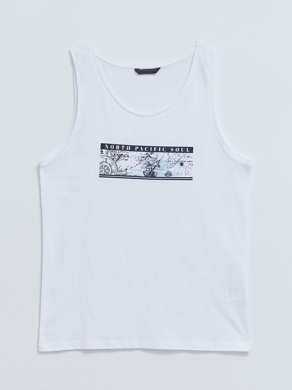 Beyaz Bisiklet Yaka Baskılı Erkek Kolsuz Tişört