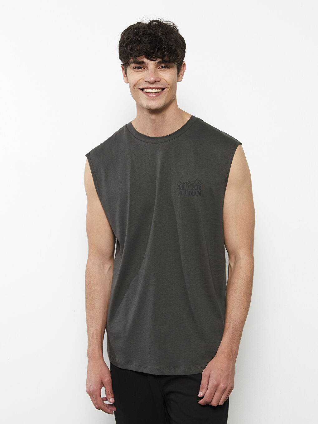 Maiou pentru Bărbați cu Guler Rotund și Imprimeu din Jerseu, Fără Mâneci-2