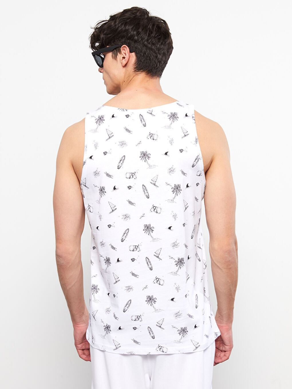 Beyaz Bisiklet Yaka Baskılı Penye Erkek Kolsuz Tişört-4