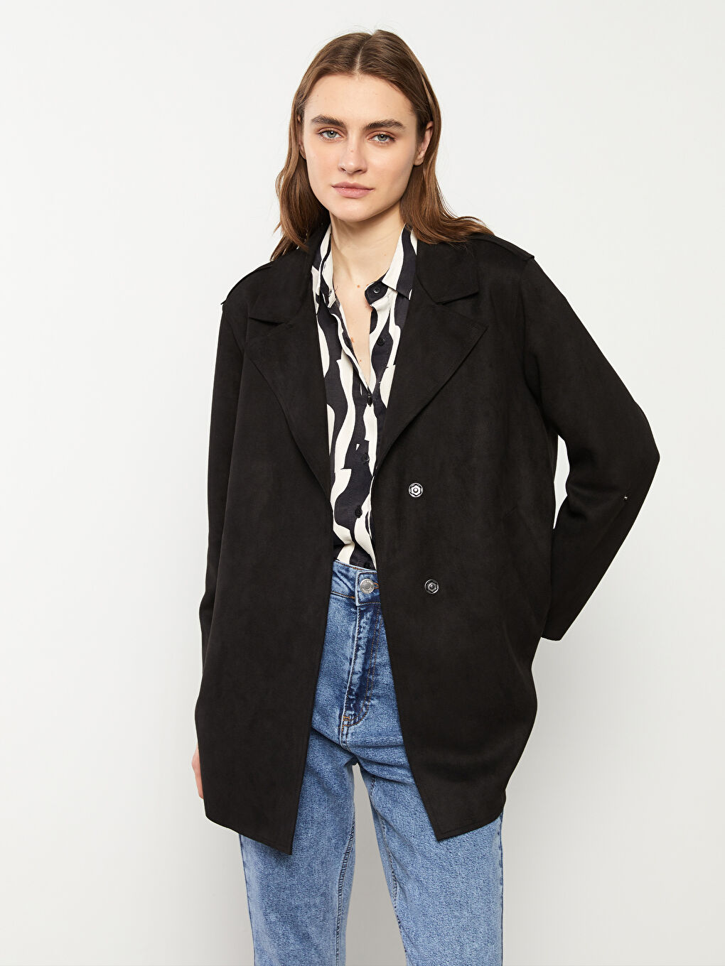 Siyah Ceket Yaka Düz Uzun Kollu Süet Kadın Trençkot-2