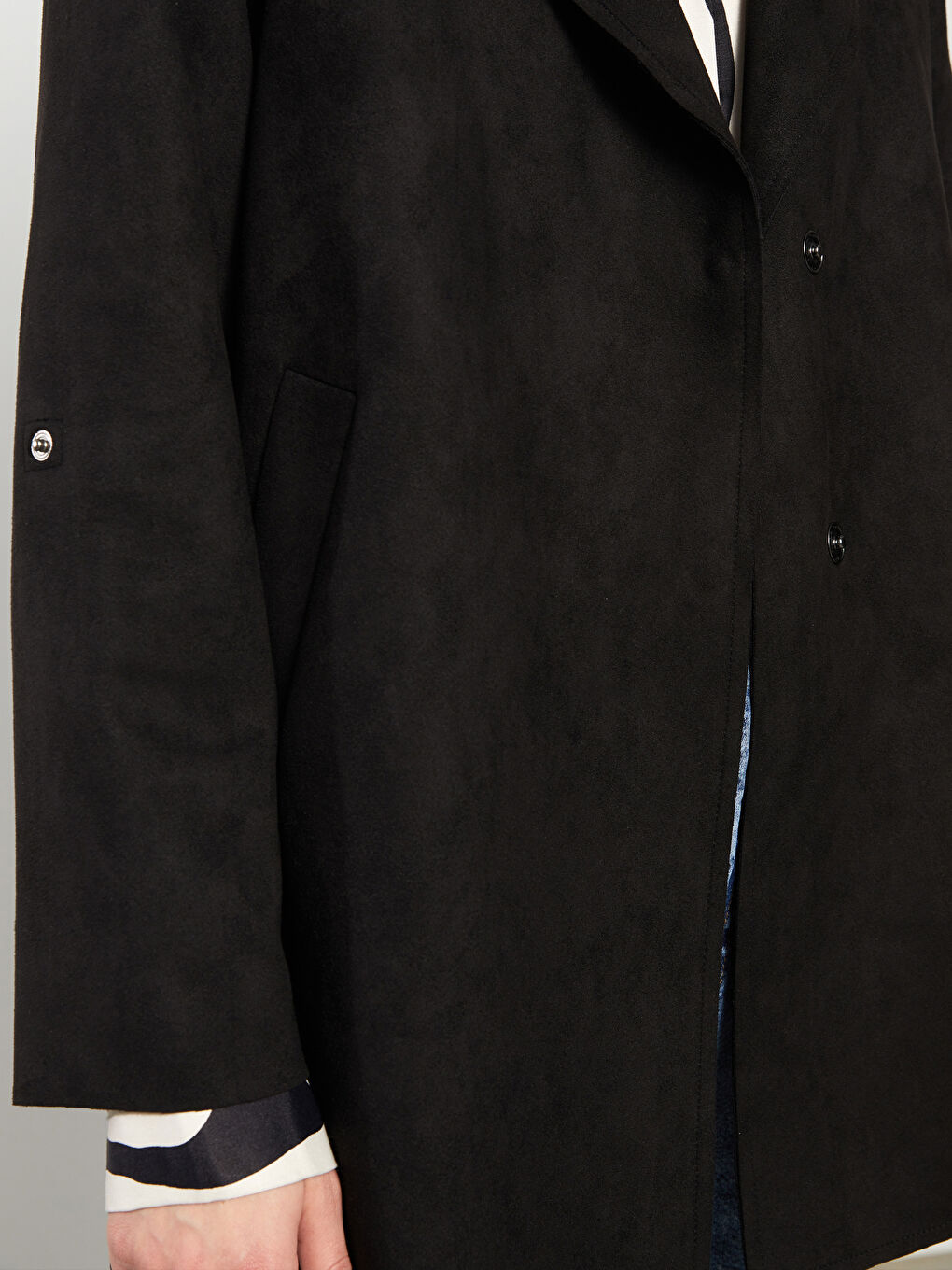 Siyah Ceket Yaka Düz Uzun Kollu Süet Kadın Trençkot-3