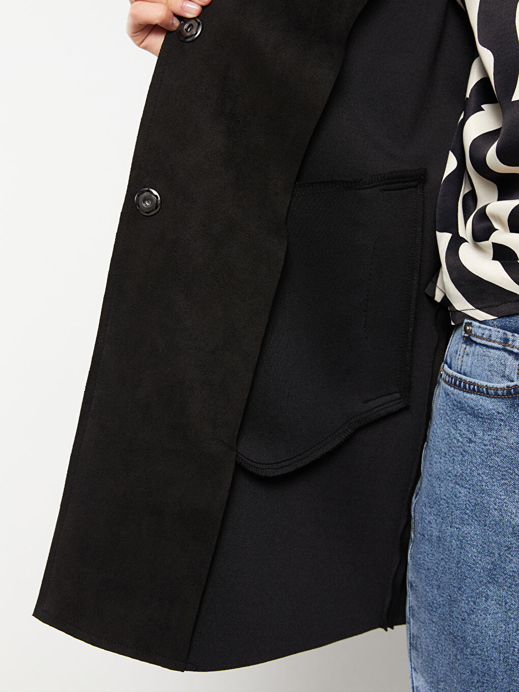 Siyah Ceket Yaka Düz Uzun Kollu Süet Kadın Trençkot-4