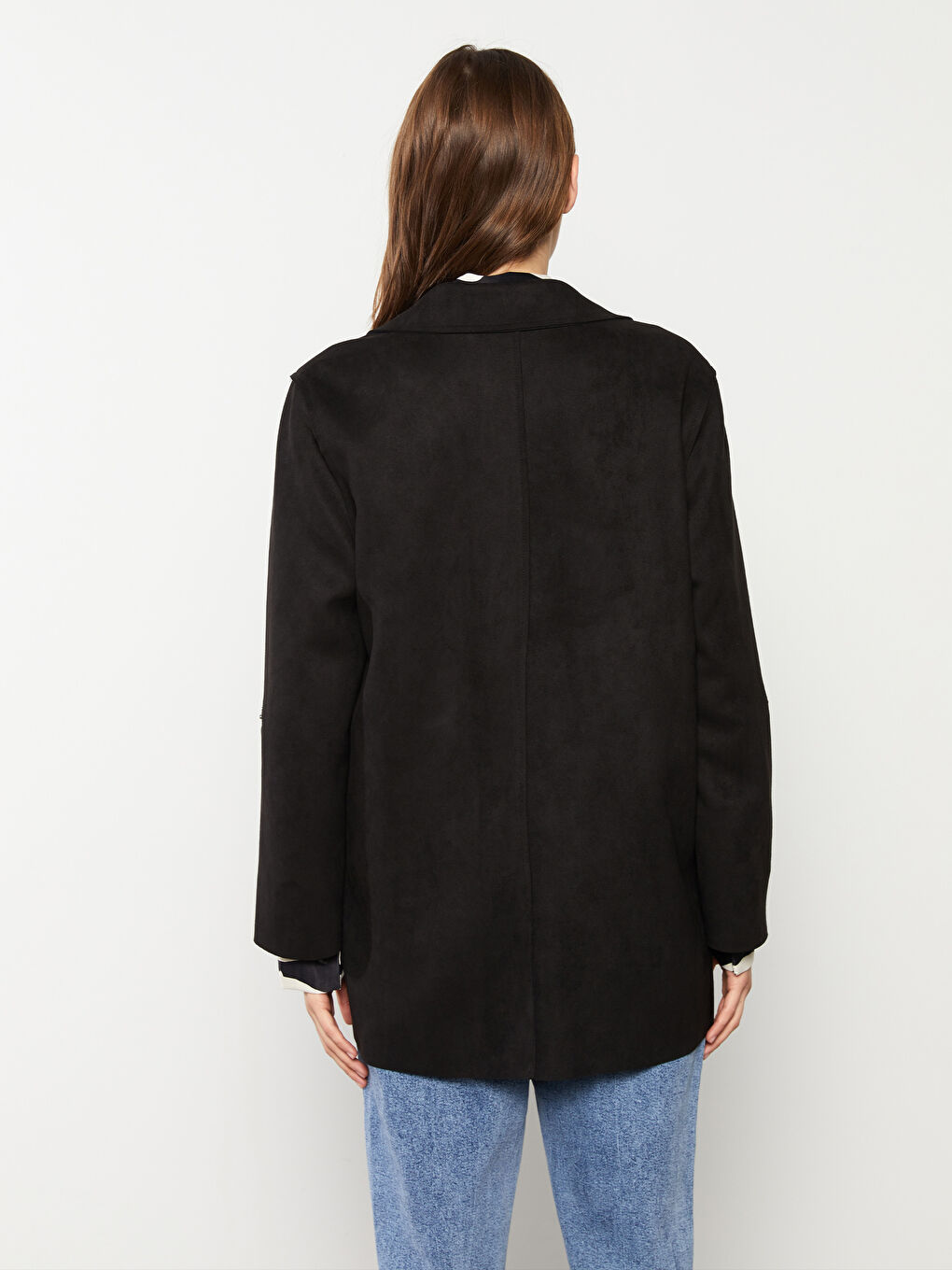 Siyah Ceket Yaka Düz Uzun Kollu Süet Kadın Trençkot-5