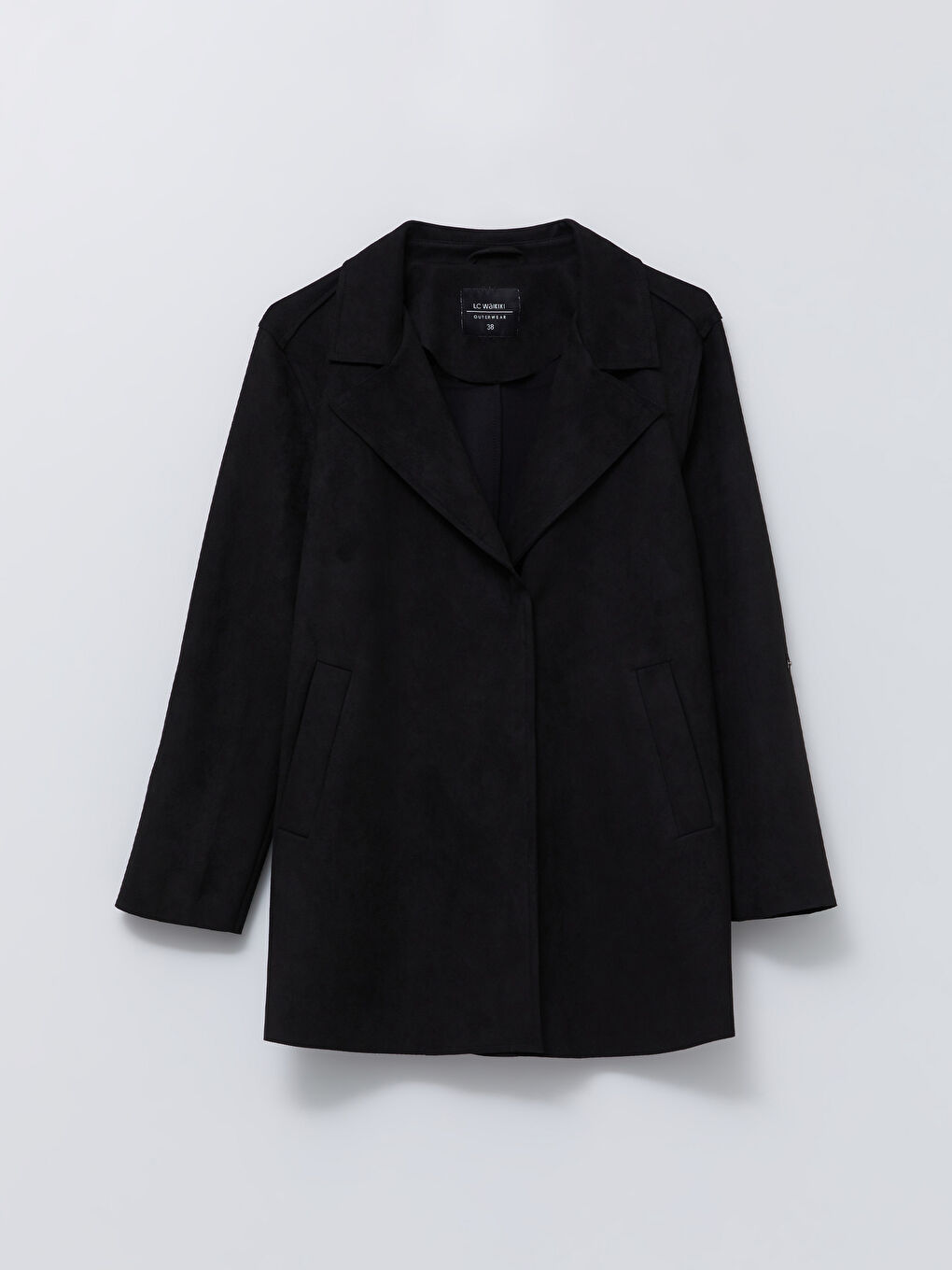 Siyah Ceket Yaka Düz Uzun Kollu Süet Kadın Trençkot-6