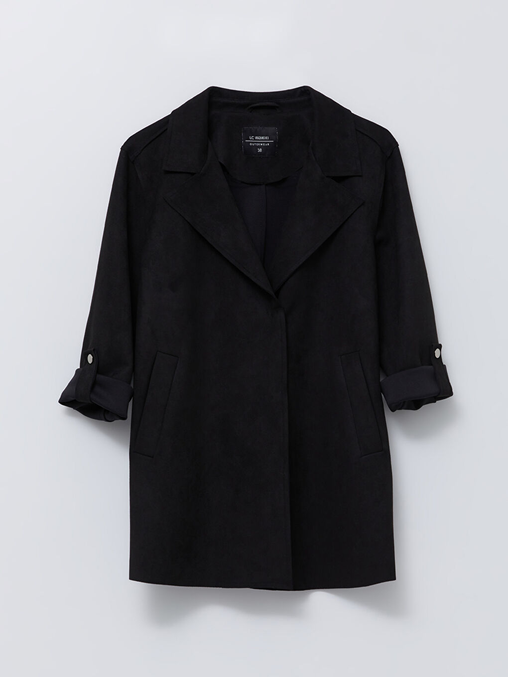 Siyah Ceket Yaka Düz Uzun Kollu Süet Kadın Trençkot-7