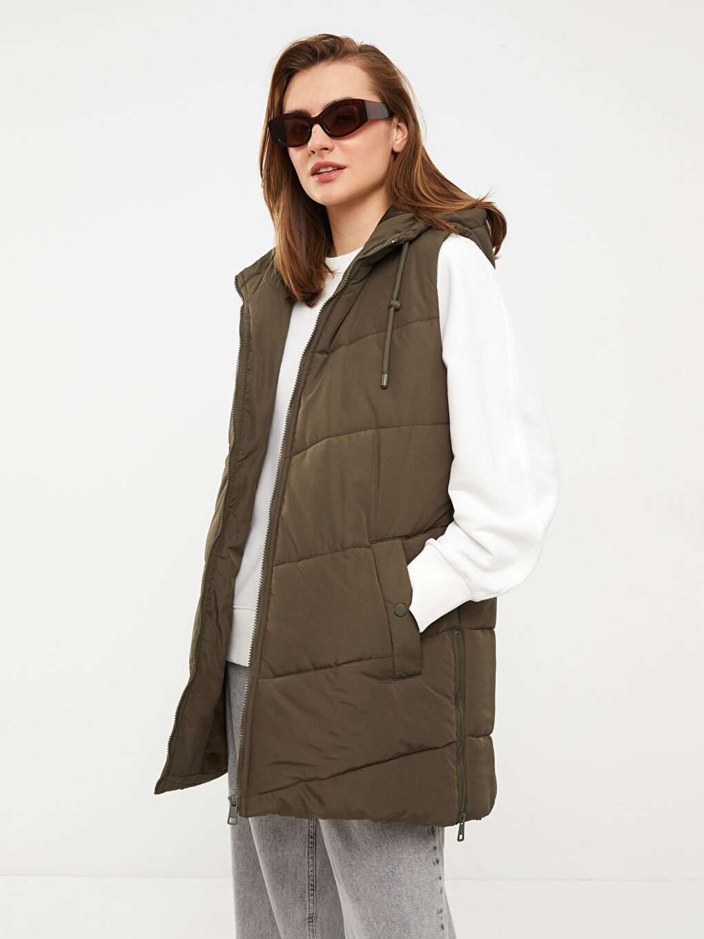 Haki Kadın Kapüşonlu Düz Şişme Yelek-2