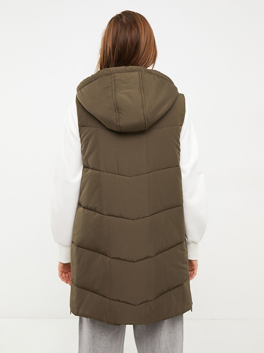 Haki Kadın Kapüşonlu Düz Şişme Yelek-5