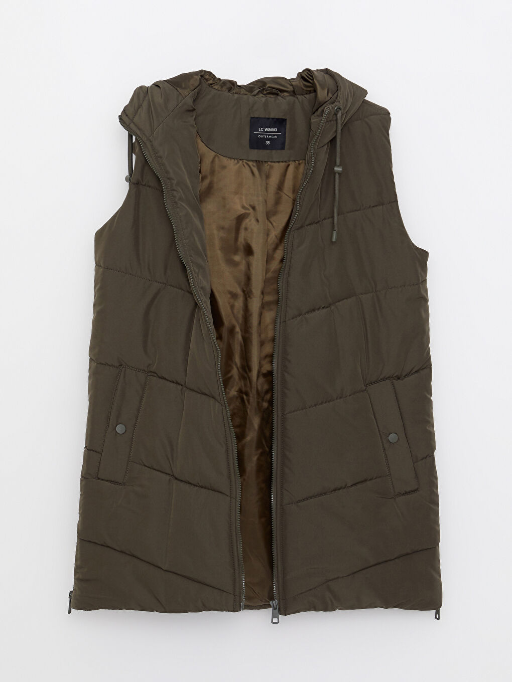 Haki Kadın Kapüşonlu Düz Şişme Yelek-6