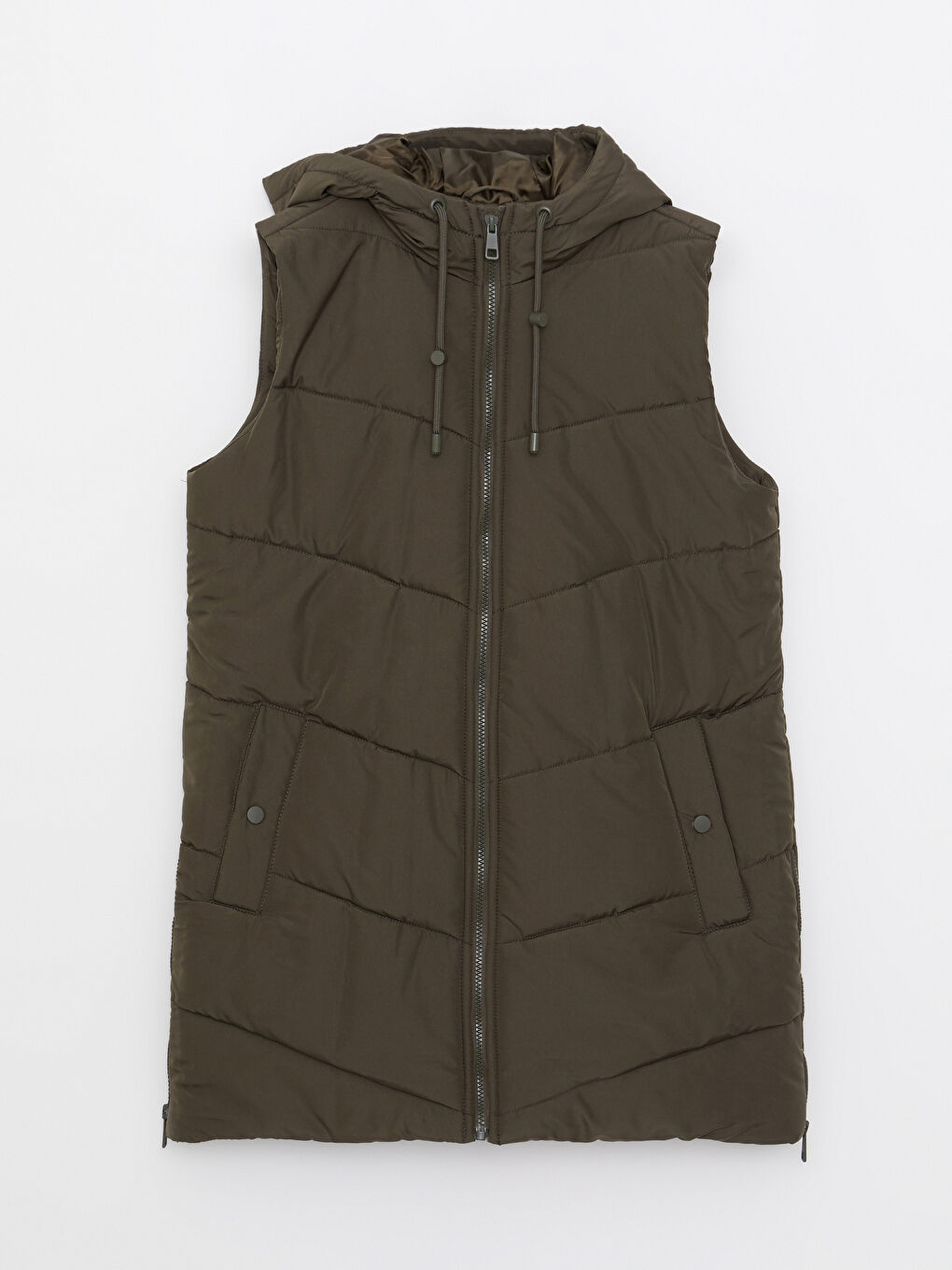 Haki Kadın Kapüşonlu Düz Şişme Yelek-7