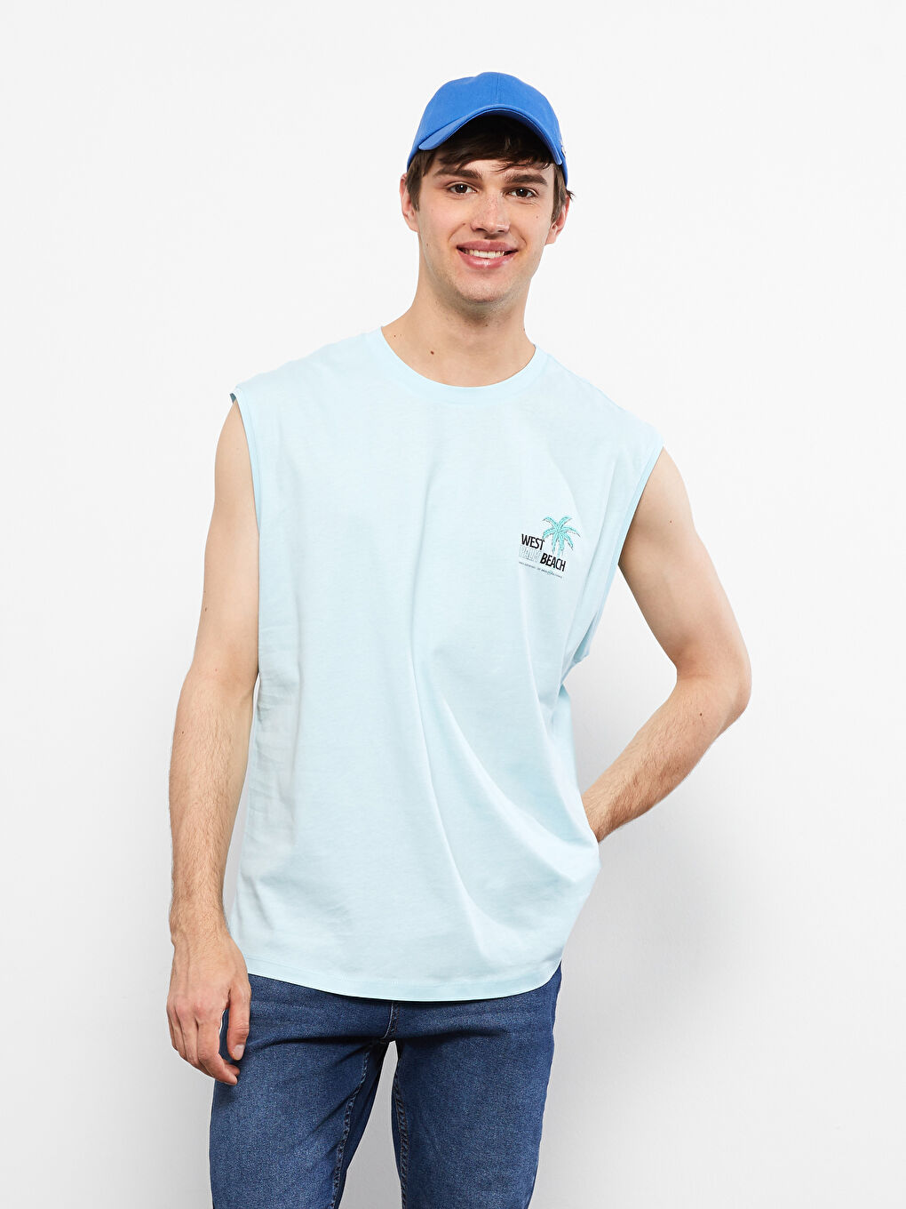 ерлерге арналған принтті трикотаж жеңсіз футболка-1