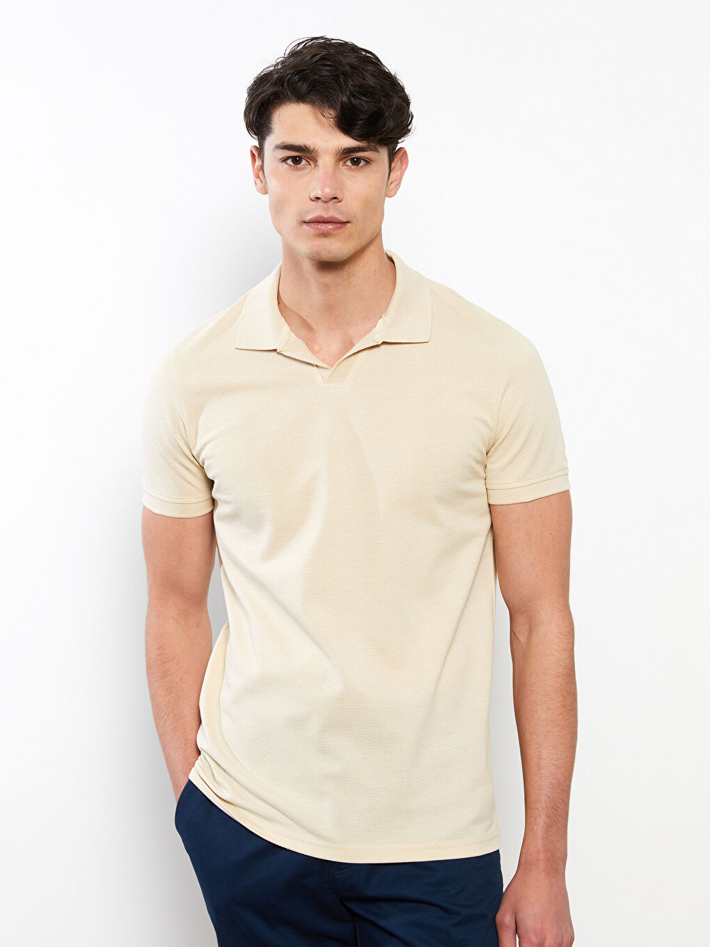 Bej Polo Yaka Kısa Kollu Erkek Tişört-2