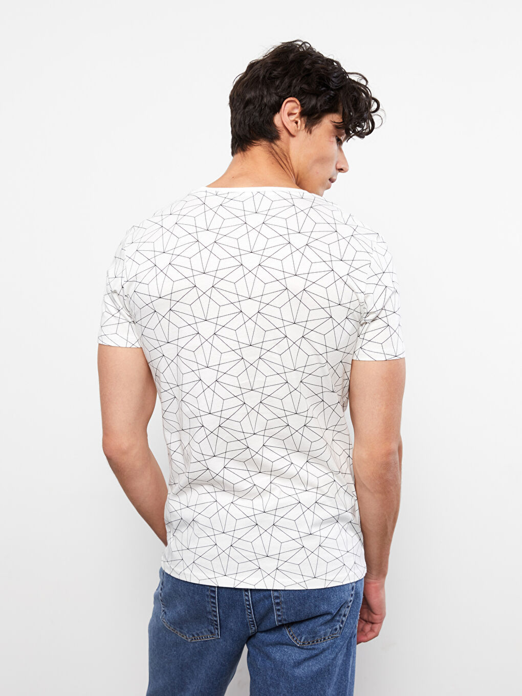 Beyaz Bisiklet Yaka Kısa Kollu Baskılı Penye Erkek Tişört-5