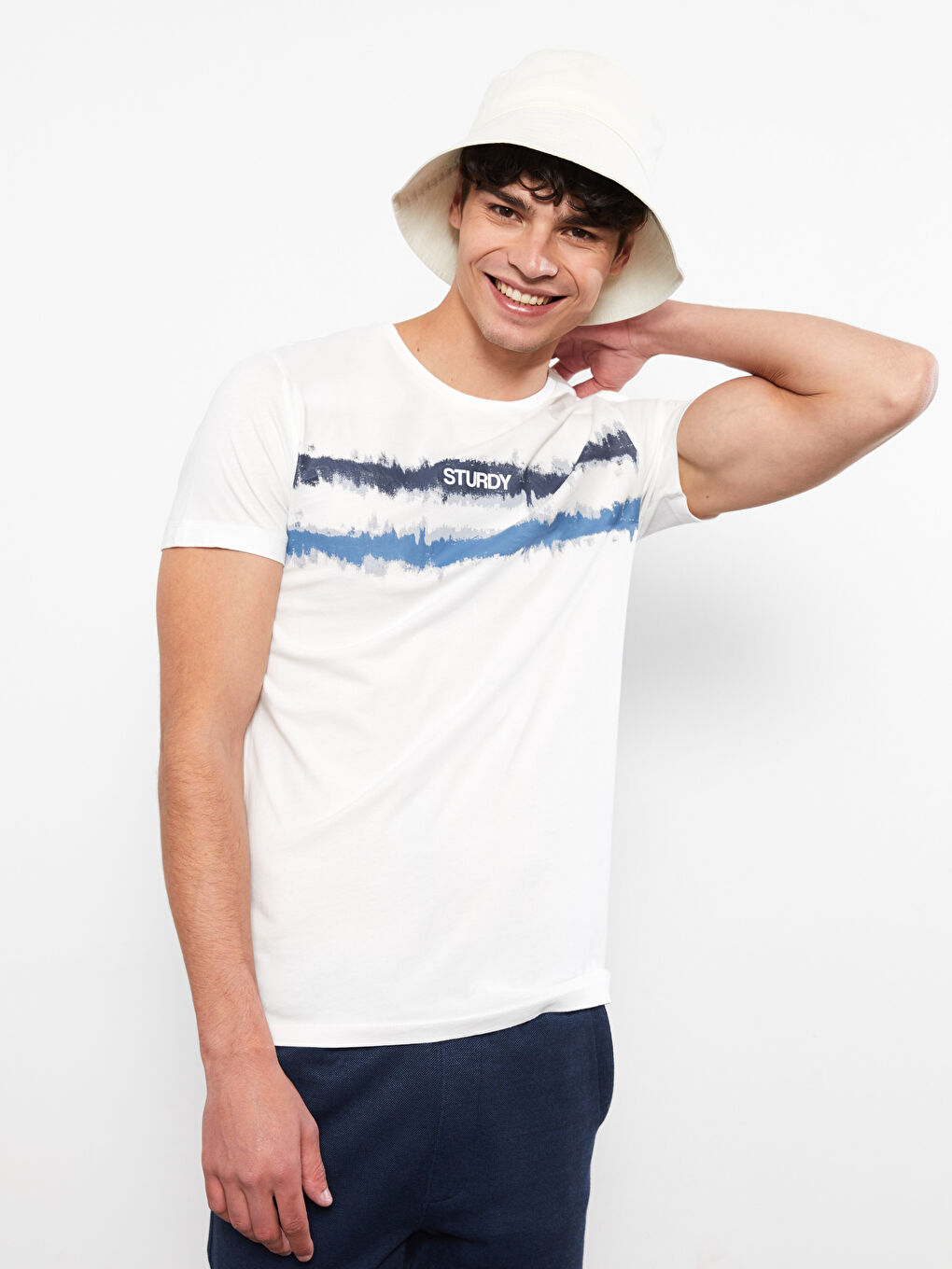 Ekru Bisiklet Yaka Kısa Kollu Baskılı Penye Erkek Tişört