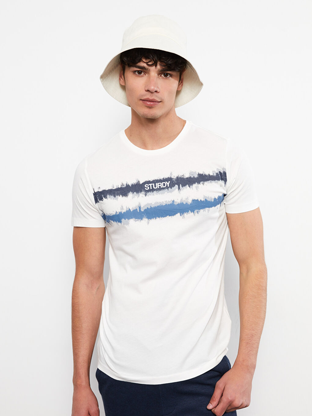 Ekru Bisiklet Yaka Kısa Kollu Baskılı Penye Erkek Tişört-1