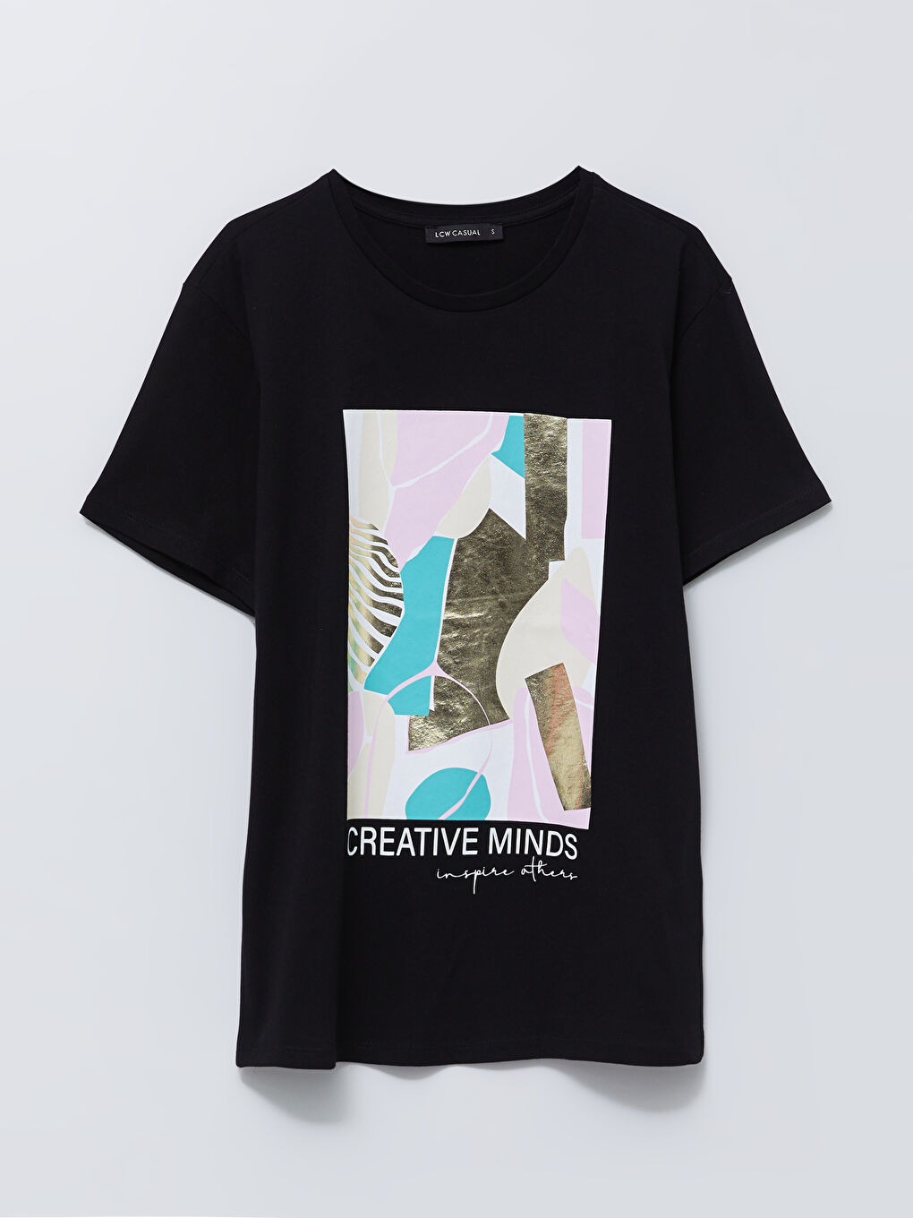 Siyah Bisiklet Yaka Baskılı Kısa Kollu Pamuklu Kadın Tişört-4