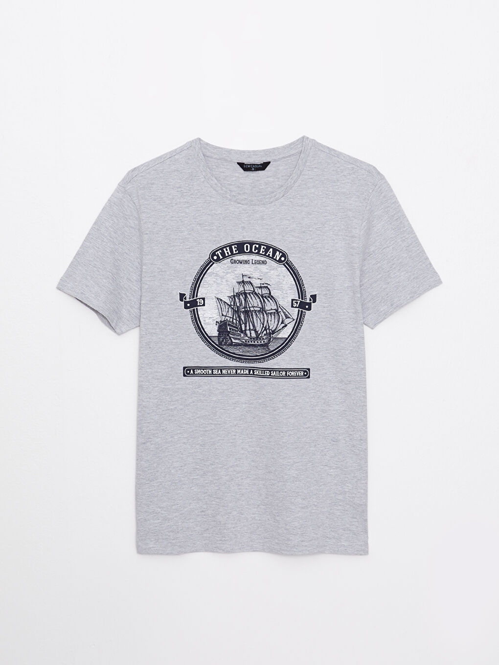 Gri Bisiklet Yaka Kısa Kollu Baskılı Erkek Tişört-5