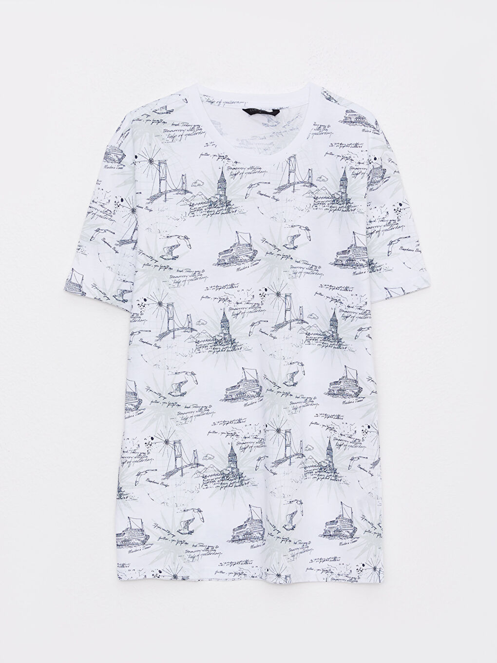 Beyaz Bisiklet Yaka Kısa Kollu Baskılı Penye Erkek Tişört-5