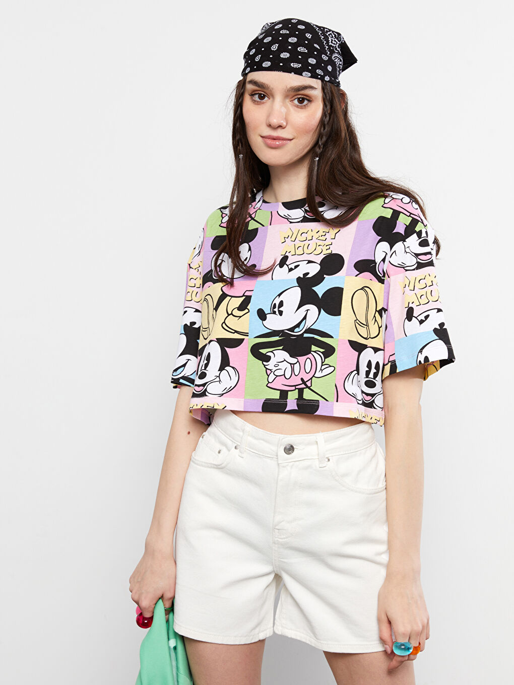 Crew Neck Mickey Mouse Printed Short Sleeve Women's Crop Top -S2GV80Z8-KE8