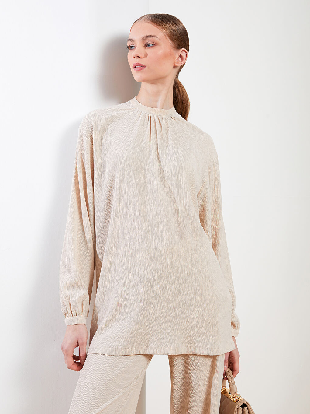 تونيك سادة بياقة دائرية بأكمام طويلة للسيدات-2