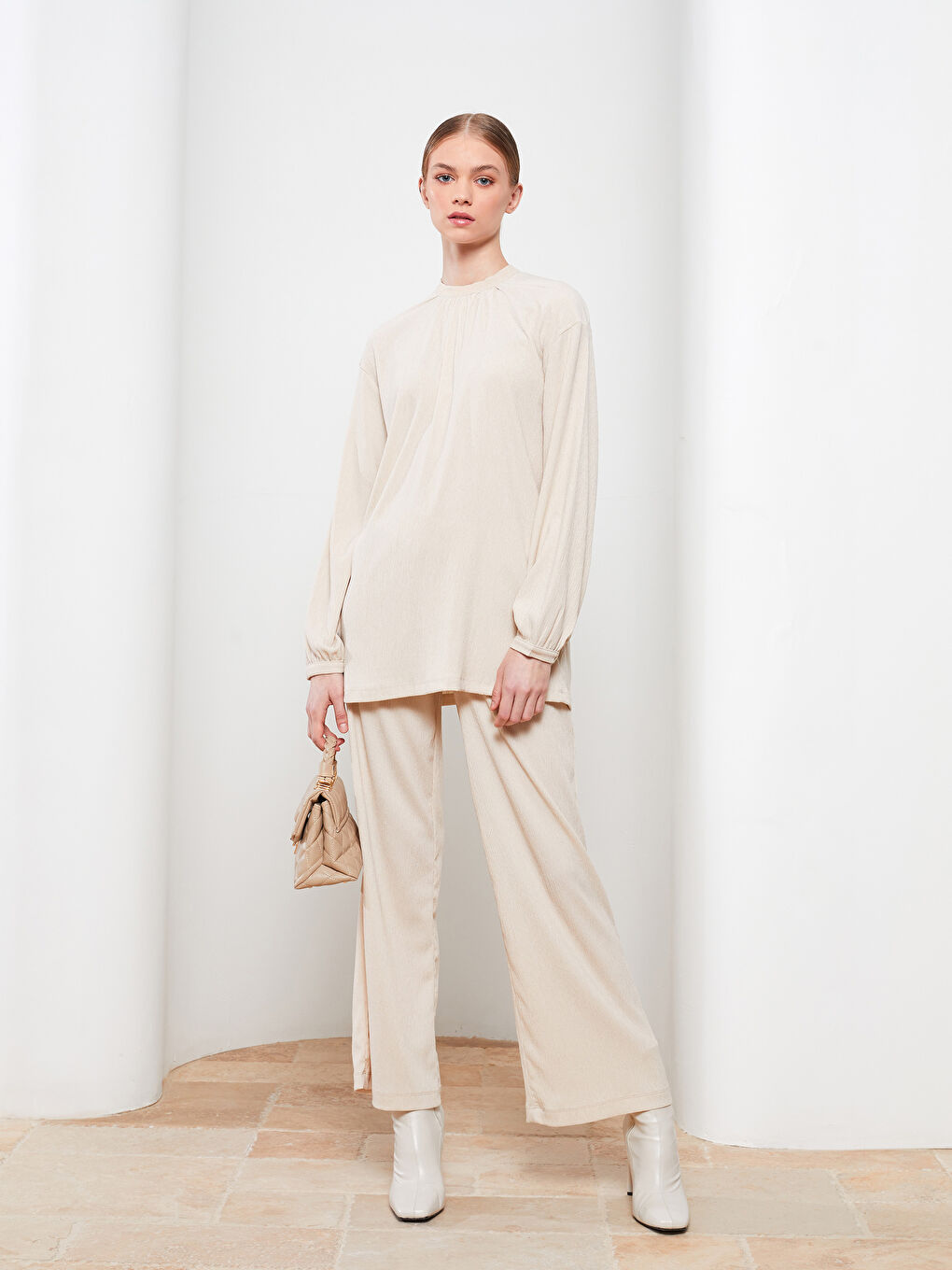 تونيك سادة بياقة دائرية بأكمام طويلة للسيدات-5