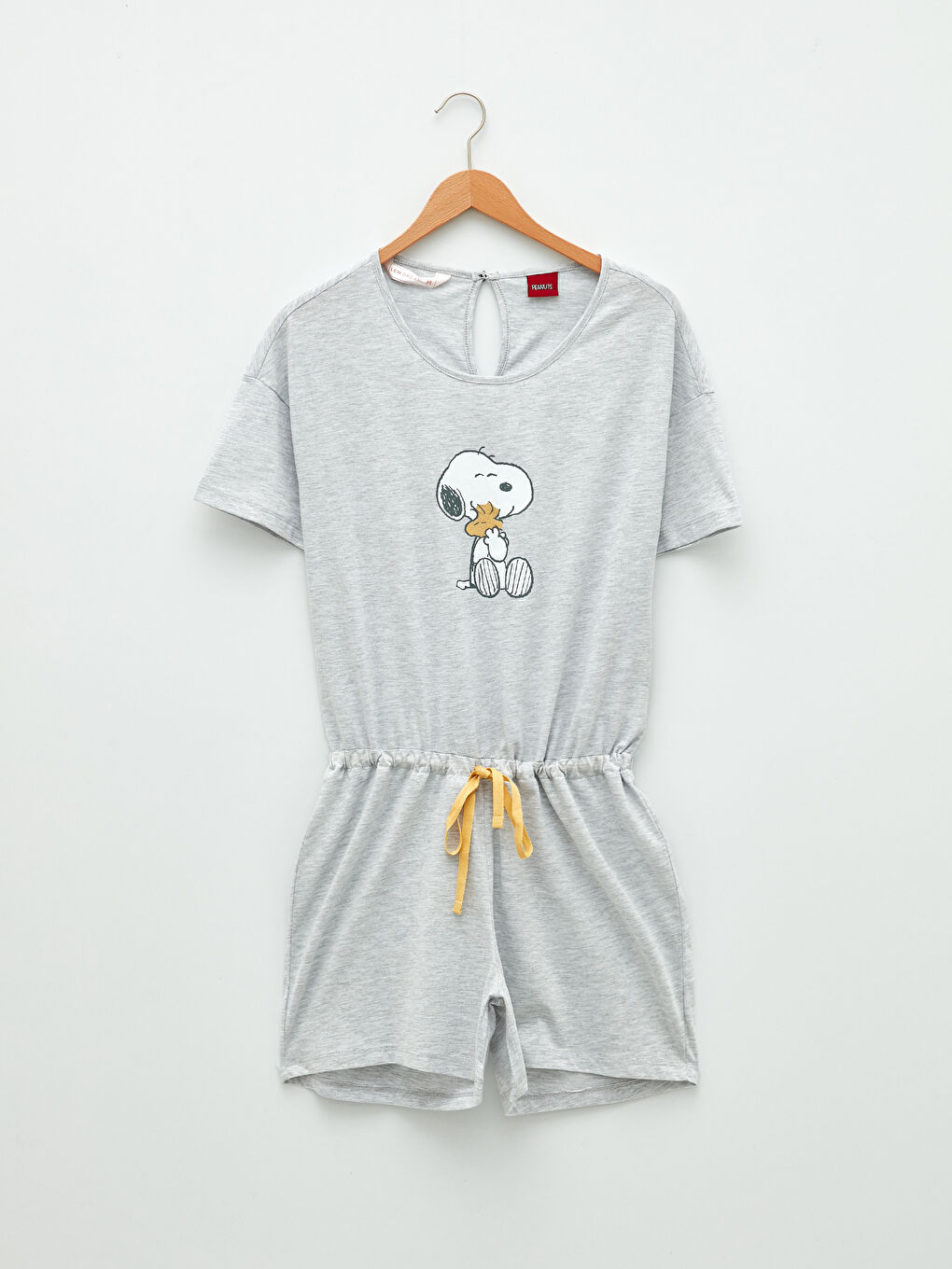 Gri Bisiklet Yaka Snoopy Baskılı Kısa Kollu Kadın Tulum-6