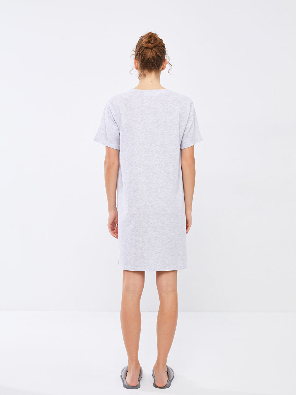 Gri Bisiklet Yaka Snoopy Baskılı Kadın Gecelik-5