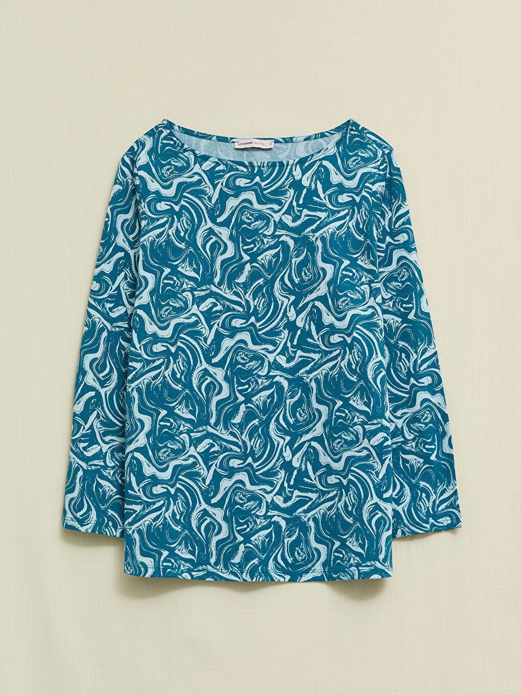 Mavi Bisiklet Yaka Desenli Uzun Kollu Pamuklu Kadın Tişört-4